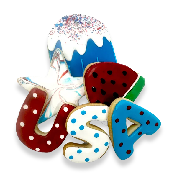 Hand-decorated 4th of July sugar cookies with red, white, and blue royal icing designs