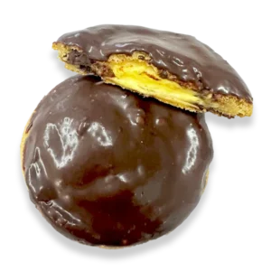 Chocolate Chip cookie dough stuffed with a custard filling and topped with a chocolate ganache – sweet perfection (served chilled)