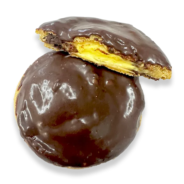 Chocolate Chip cookie dough stuffed with a custard filling and topped with a chocolate ganache – sweet perfection (served chilled)