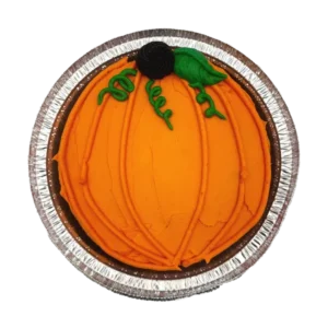 Pumpkin cookie cake decorated with orange buttercream in a pumpkin design, 7-inch deep dish chocolate chip cookie.