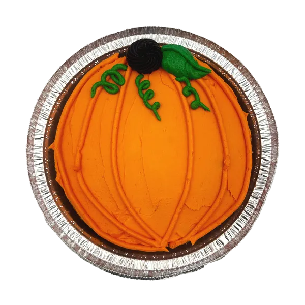 Pumpkin cookie cake decorated with orange buttercream in a pumpkin design, 7-inch deep dish chocolate chip cookie.