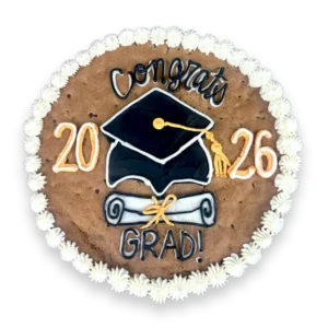 12-inch round chocolate chip graduation cookie cake with white buttercream border, black graduation cap, diploma, and “Congrats 2026 Grad” icing design
