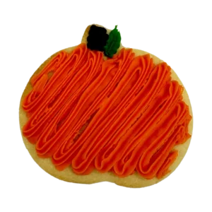A pumpkin shaped sugar cookie decorated with buttercream frosting.