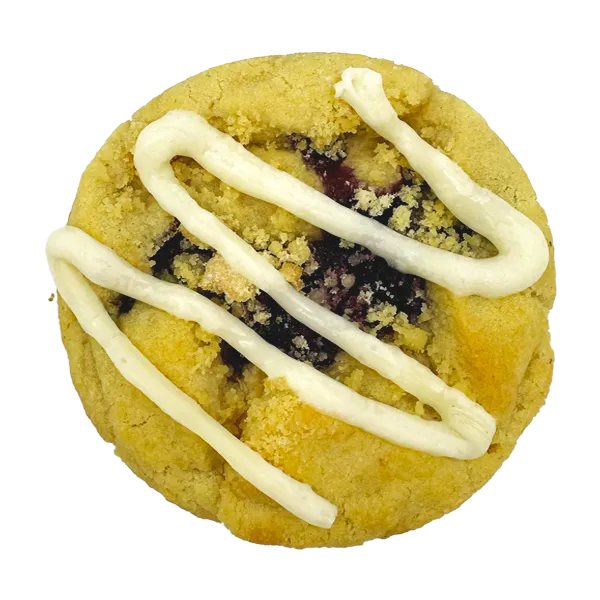 Cookie dough full of homemade pie crust is filled with blueberry pie filling, a vanilla crumble topping and a drizzle of cream cheese.