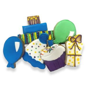 Hand-decorated Birthday sugar cookies with balloons, presents, cupcakes, and colorful royal icing