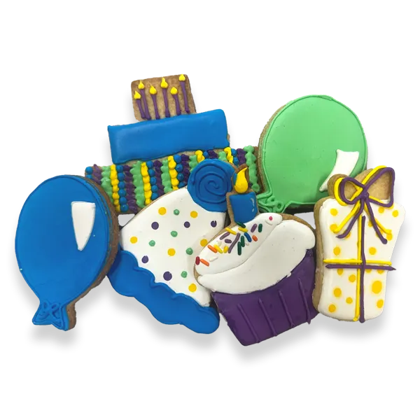 Hand-decorated Birthday sugar cookies with balloons, presents, cupcakes, and colorful royal icing