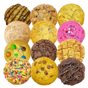 An assortment of classic cookies including chocolate chip, sugar, sprinkle, peanut butter, and chocolate varieties arranged in a grid on a transparent background.