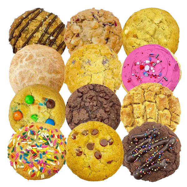 An assortment of classic cookies including chocolate chip, sugar, sprinkle, peanut butter, and chocolate varieties arranged in a grid on a transparent background.