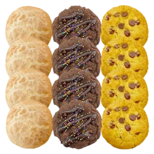 Three rows of classic cookies in assorted flavors including chocolate chip, chocolate fix, and snickerdoodle, displayed for the Classic Three-Flavor Cookie Mix from The Colorado Cookie Company.