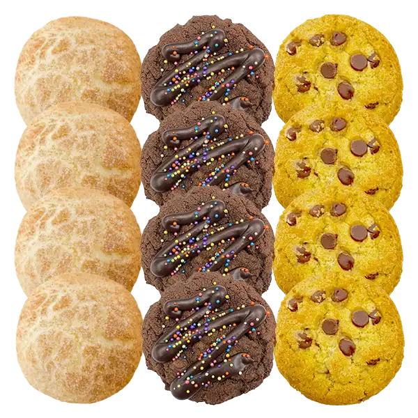 Three rows of classic cookies in assorted flavors including chocolate chip, chocolate fix, and snickerdoodle, displayed for the Classic Three-Flavor Cookie Mix from The Colorado Cookie Company.