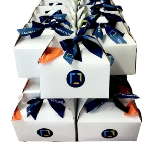 Custom corporate cookie gift boxes with branded packaging created for employee appreciation, client gifts, and business events