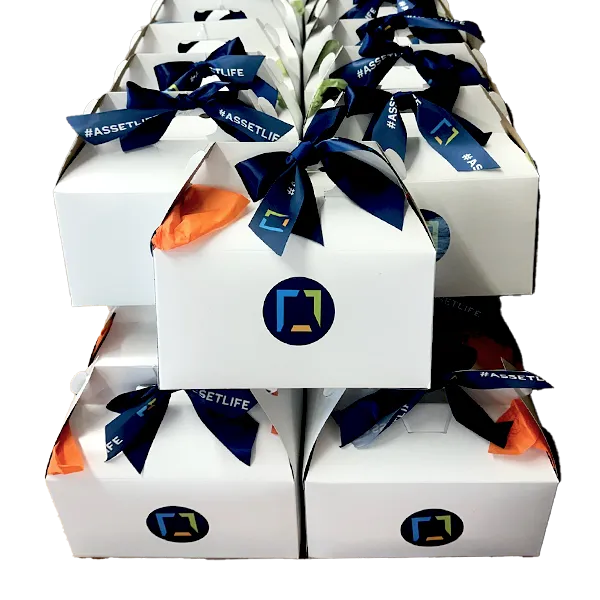 Custom corporate cookie gift boxes with branded packaging created for employee appreciation, client gifts, and business events