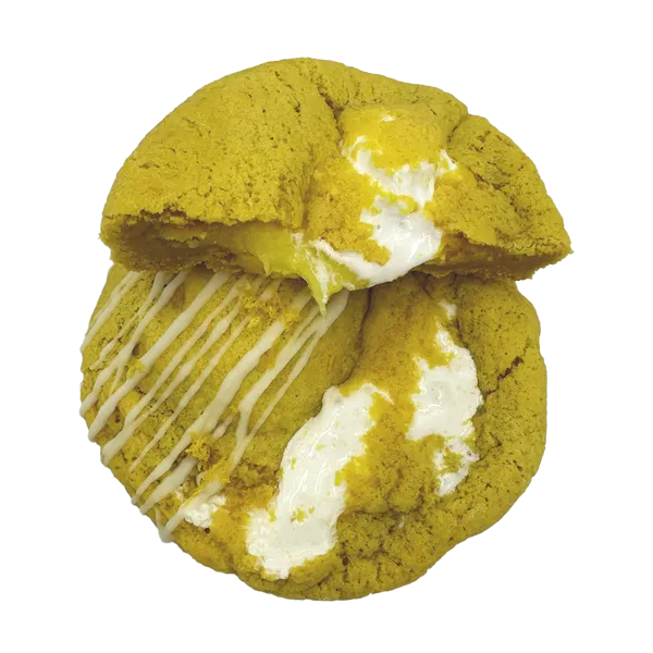 A lemon cookie dough with lemon shortbread mixed in, then stuffed with lemon filling and marshmallow fluff, and topped with a drizzle of white chocolate.