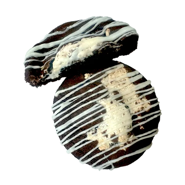 Chocolate cookie dough stuffed with a full Oreo and marshmallow fluff, then topped with a drizzle of white chocolate