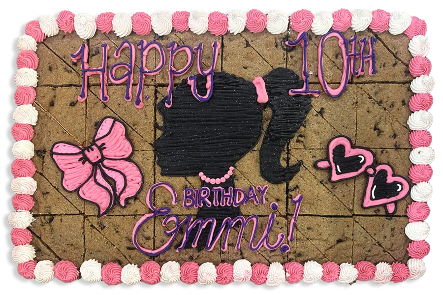 Custom Barbie-themed chocolate chip cookie cake with pink and white frosting for a 10th birthday