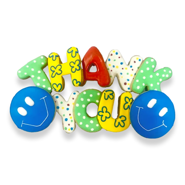 Hand-decorated Thank You sugar cookies with colorful royal icing, individually wrapped for gifting